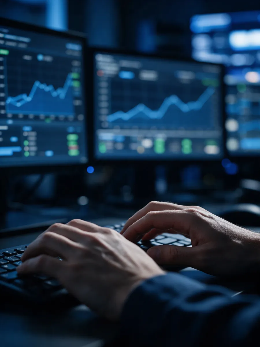 Profissional digitando diante de painéis de monitoramento de rede em uma sala de operação