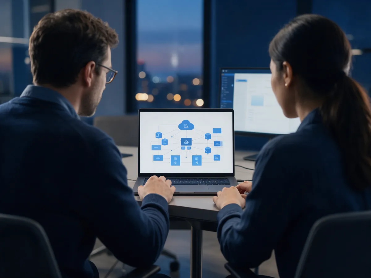 Duas pessoas de costas, à mesa, analisando um diagrama de arquitetura de nuvem no notebook
