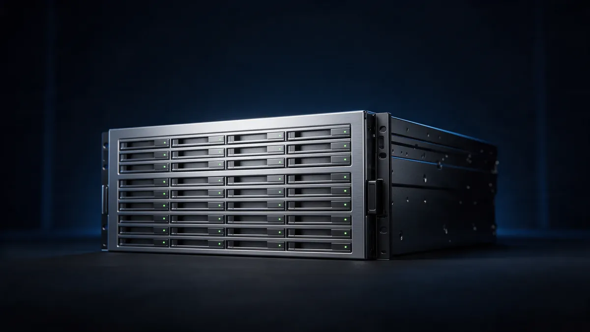 Servidor físico de rack visto de frente, com baias de disco e LEDs de status