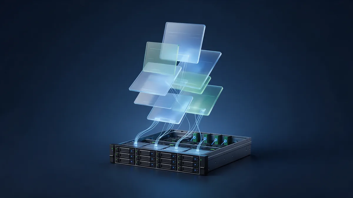 Ilustração de máquinas virtuais em camadas sobre um cluster de servidores