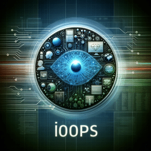 A imagem representa visualmente o conceito de IOps, combinando elementos de redes digitais, inteligência artificial, análise de dados e segurança cibernética em um estilo moderno e profissional, com uma paleta de cores que transmite inteligência, eficiência e inovação