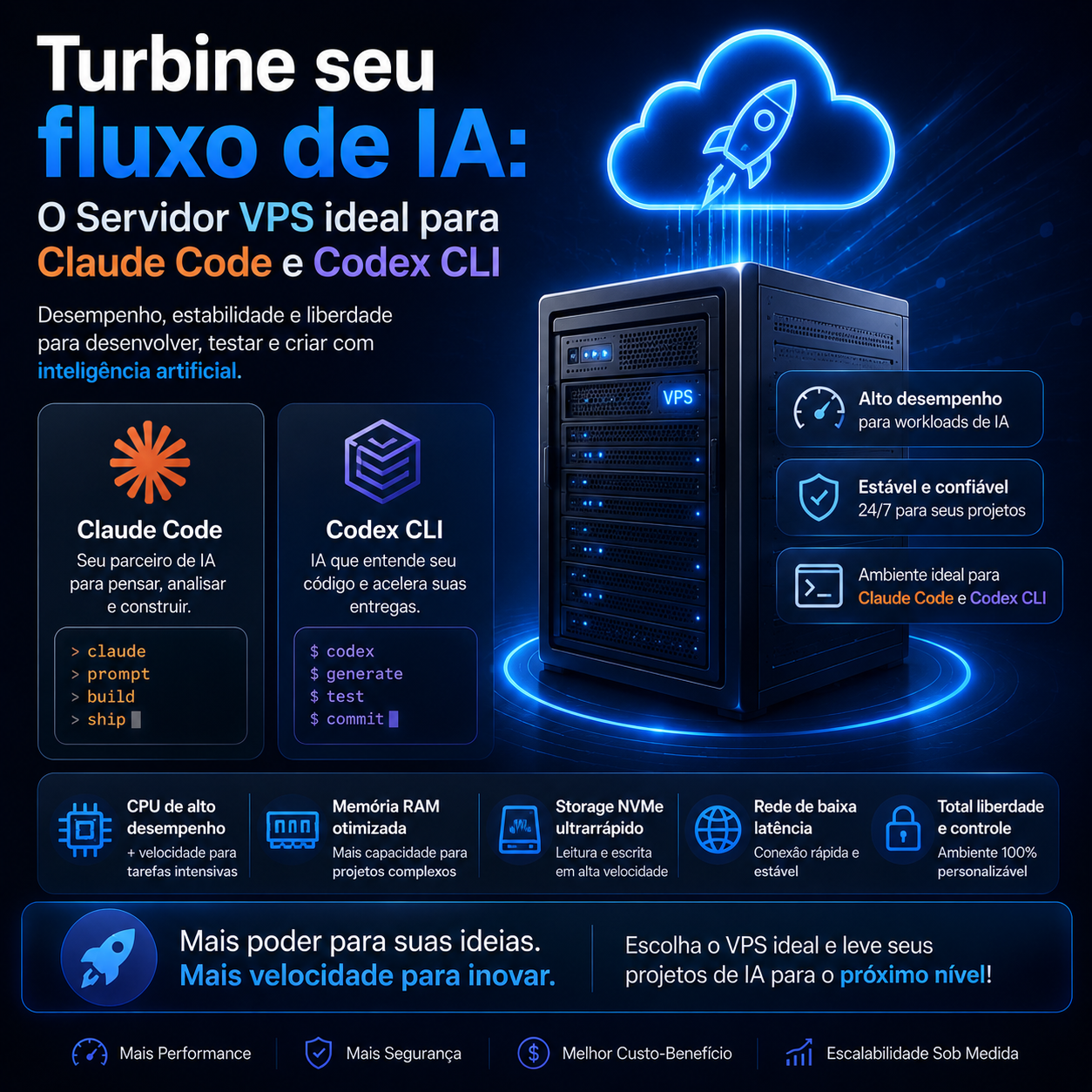 Turbine seu fluxo de IA: O Servidor VPS ideal para Claude Code e Codex CLI