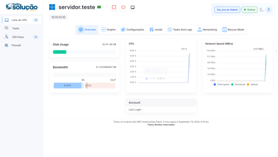 Painel de controle com monitoramento do servidor